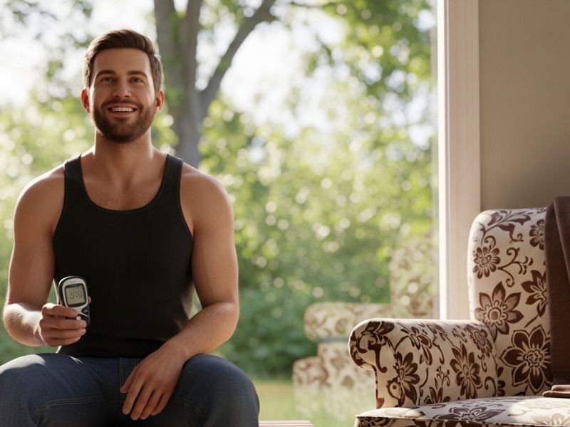 Imagem realista de um homem que representa o impacto do diabetes: de um lado, abatido e pensativo; do outro, após tratamento com ozônio, revigorado ao lado da família. Um retrato da dor, superação e renascimento com saúde natural