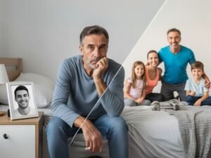 Imagem realista de um homem que representa o impacto do diabetes: de um lado, abatido e pensativo; do outro, após tratamento com ozônio, revigorado ao lado da família. Um retrato da dor, superação e renascimento com saúde natural