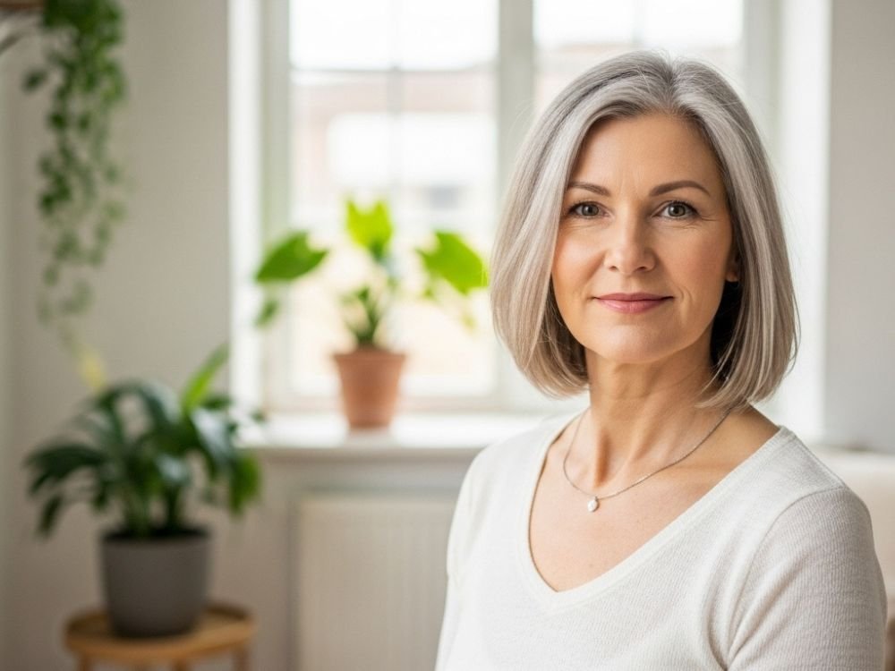 Retrato realista de uma mulher de aproximadamente 50 anos, com expressão serena e confiante, segurando um frasco de suplemento natural em um ambiente iluminado e acolhedor. Ao fundo, uma sala com tons suaves, plantas e luz natural entrando pela janela. A mulher está bem vestida de forma casual e elegante, transmitindo saúde, equilíbrio e autoestima. A embalagem do produto tem rótulo moderno com a palavra “Prowoman” visível. Atmosfera de bem-estar e cuidado feminino.