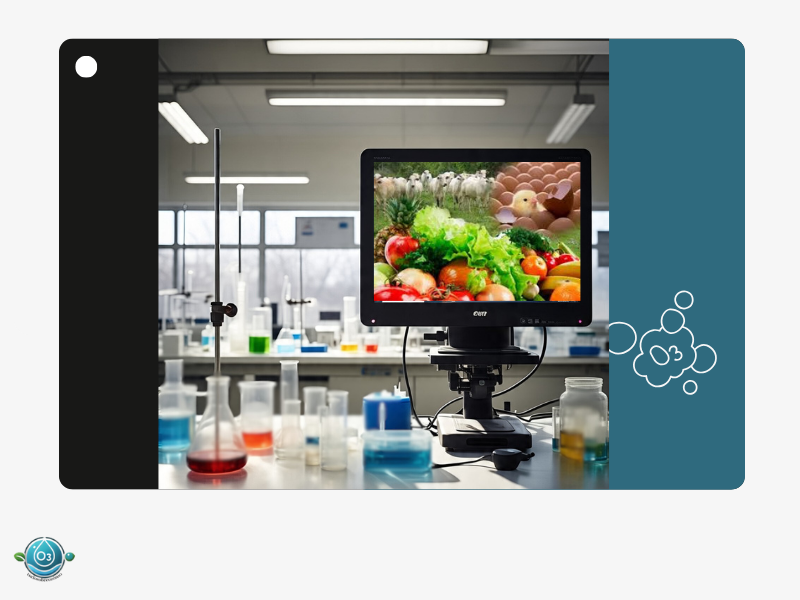 alt="Laboratório com equipamentos e imagem de alimentos agropecuários, representando o uso do ozônio na agricultura e na pecuária para controle sanitário e sustentabilidade"