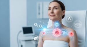 Uma pessoa adulta (homem ou mulher) com expressão serena e saudável, de pele bem cuidada, em pé ou sentada em um ambiente limpo e tecnológico (ex: clínica moderna ou consultório). O corpo deve estar parcialmente iluminado com efeitos sutis de luz azul representando a ação do ozônio no organismo. Destaques visuais translúcidos sobrepostos mostram melhora da circulação sanguínea, atividade celular, respiração e sistema imunológico. Pequenas partículas ou moléculas flutuando ao redor da pessoa representam ozônio (O₃), com um leve brilho. A cena transmite saúde, vitalidade e bem-estar, em estilo realista e profissional. Sem palavras ou textos na imagem.