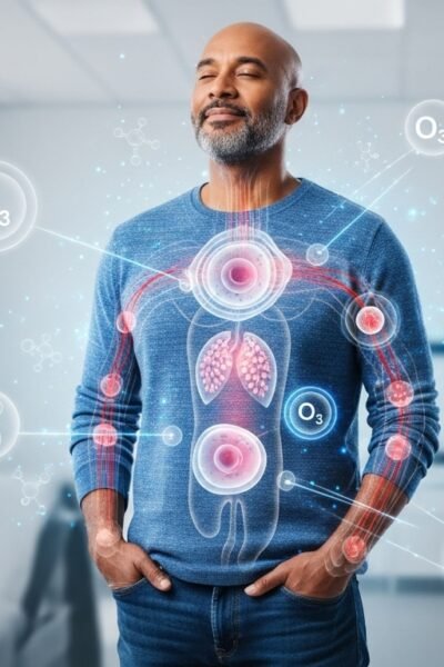 Uma pessoa adulta (homem ) com expressão serena e saudável, de pele bem cuidada, em pé ou sentada em um ambiente limpo e tecnológico (ex: clínica moderna ou consultório). O corpo deve estar parcialmente iluminado com efeitos sutis de luz azul representando a ação do ozônio no organismo. Destaques visuais translúcidos sobrepostos mostram melhora da circulação sanguínea, atividade celular, respiração e sistema imunológico. Pequenas partículas ou moléculas flutuando ao redor da pessoa representam ozônio (O₃), com um leve brilho. A cena transmite saúde, vitalidade e bem-estar, em estilo realista e profissional. Sem palavras ou textos na imagem.