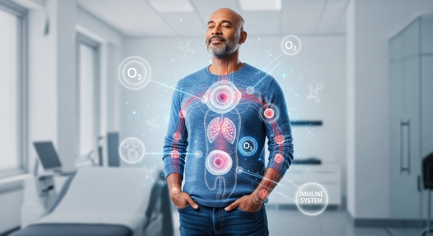 Uma pessoa adulta (homem ) com expressão serena e saudável, de pele bem cuidada, em pé ou sentada em um ambiente limpo e tecnológico (ex: clínica moderna ou consultório). O corpo deve estar parcialmente iluminado com efeitos sutis de luz azul representando a ação do ozônio no organismo. Destaques visuais translúcidos sobrepostos mostram melhora da circulação sanguínea, atividade celular, respiração e sistema imunológico. Pequenas partículas ou moléculas flutuando ao redor da pessoa representam ozônio (O₃), com um leve brilho. A cena transmite saúde, vitalidade e bem-estar, em estilo realista e profissional. Sem palavras ou textos na imagem.