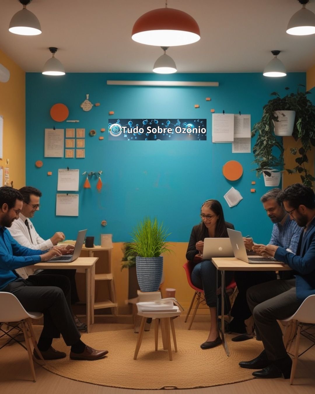 Reunião de colunistas do blog Tudo Sobre Ozônio em um ambiente moderno e colaborativo, com notebooks, trocas de ideias e clima criativo.