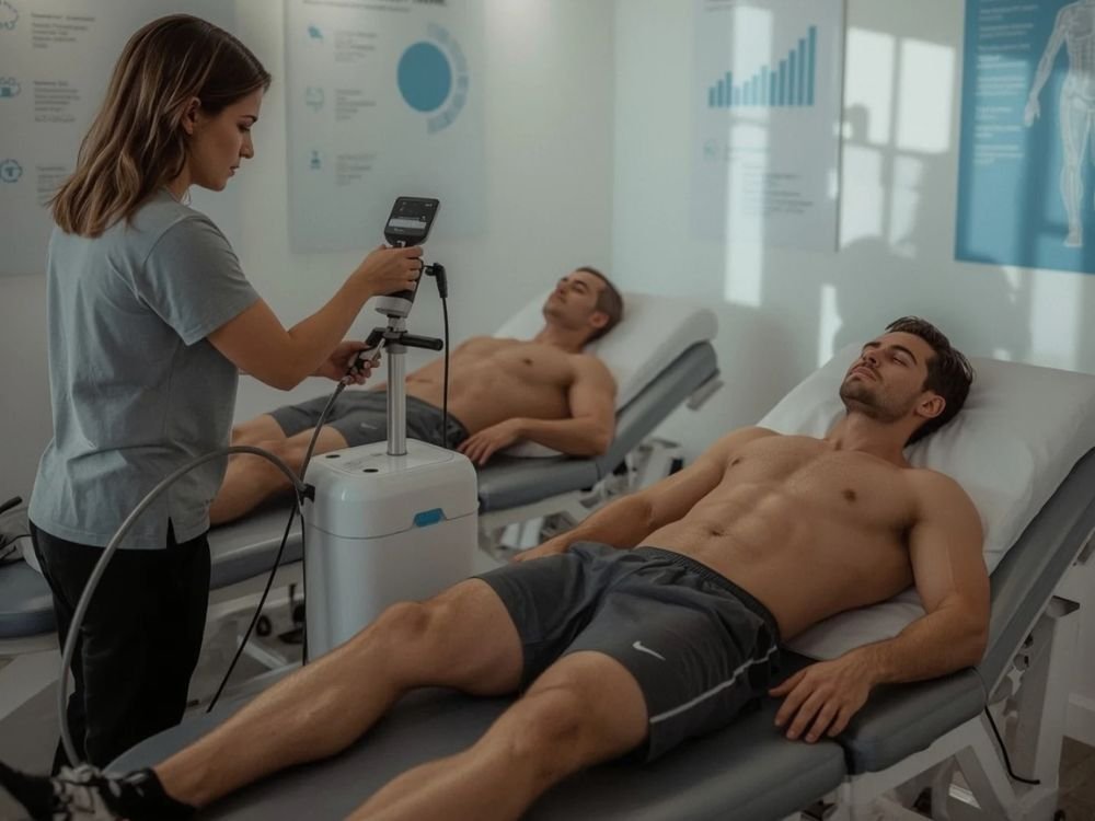 Em uma clínica moderna e bem iluminada, duas macas estão ocupadas por homens jovens, de aparência atlética, deitados em repouso, vestindo apenas shorts de treino. Ambos estão com o tronco exposto, demonstrando uma rotina de tratamento corporal. À esquerda da imagem, uma profissional de saúde — possivelmente uma fisioterapeuta ou técnica em ozonioterapia — opera um equipamento médico portátil com um tubo conectado. O aparelho está posicionado entre os dois pacientes, sugerindo a aplicação de um procedimento terapêutico, como a ozonioterapia, voltado à recuperação muscular ou melhora do desempenho físico. O ambiente é clínico e limpo, com pôsteres anatômicos e gráficos informativos afixados na parede, reforçando o caráter técnico e científico do local. A luz natural entra