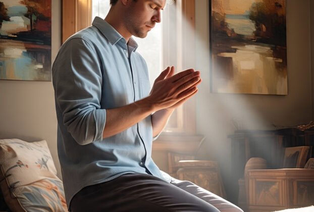 Homem ajoelhado em oração em um ambiente calmo e iluminado por luz natural, refletindo sobre sua missão espiritual. A cena transmite paz, fé e conexão com Deus, representando um momento de reflexão inspirado pelo propósito divino do projeto Tudo Sobre Ozônio."