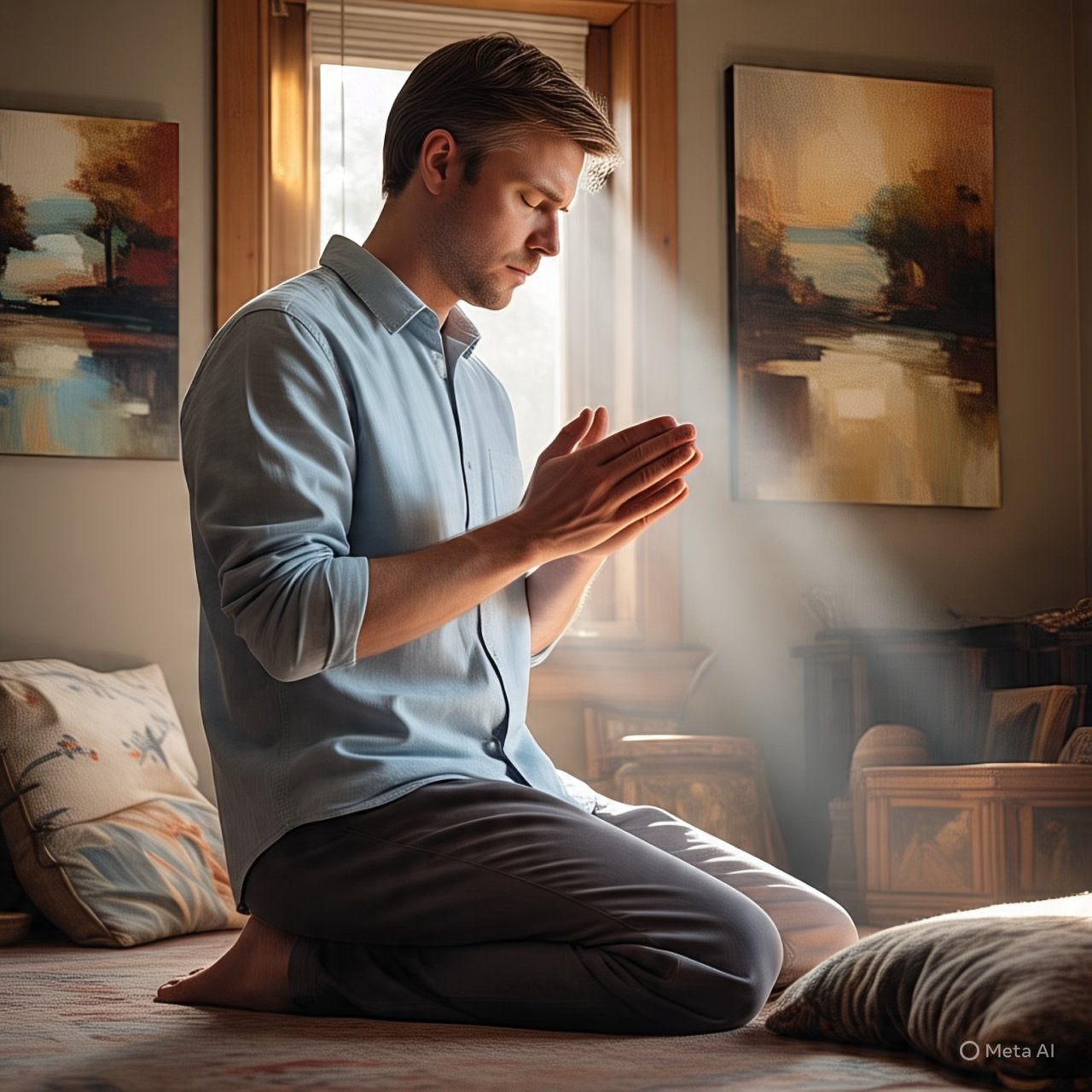 Homem ajoelhado em oração em um ambiente calmo e iluminado por luz natural, refletindo sobre sua missão espiritual. A cena transmite paz, fé e conexão com Deus, representando um momento de reflexão inspirado pelo propósito divino do projeto Tudo Sobre Ozônio."